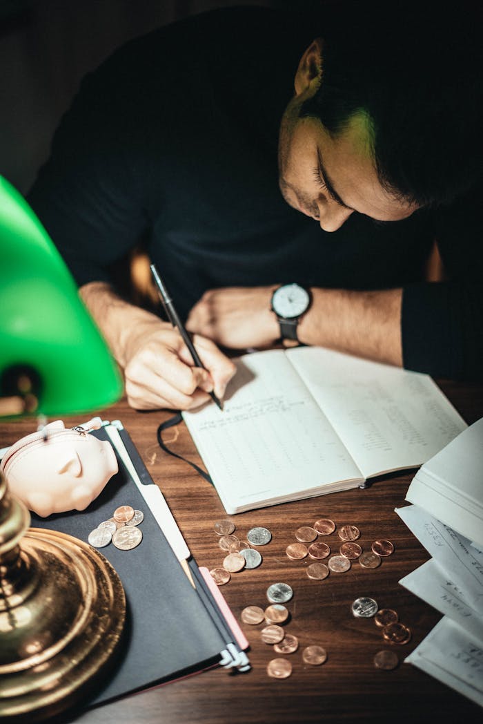 From above crop concentrated male writing in notepad and analyzing expenses while sitting at desk with scattered coins and papers